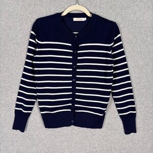 Navy Striped Cardigan Sweater Small Tennis Preppy Nautical Minimalist Career